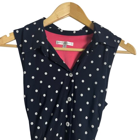 Sandra Darren Navy Polka Dot Sleeveless Button Shirt Midi Dress Size 10P - Picture 2 of 8